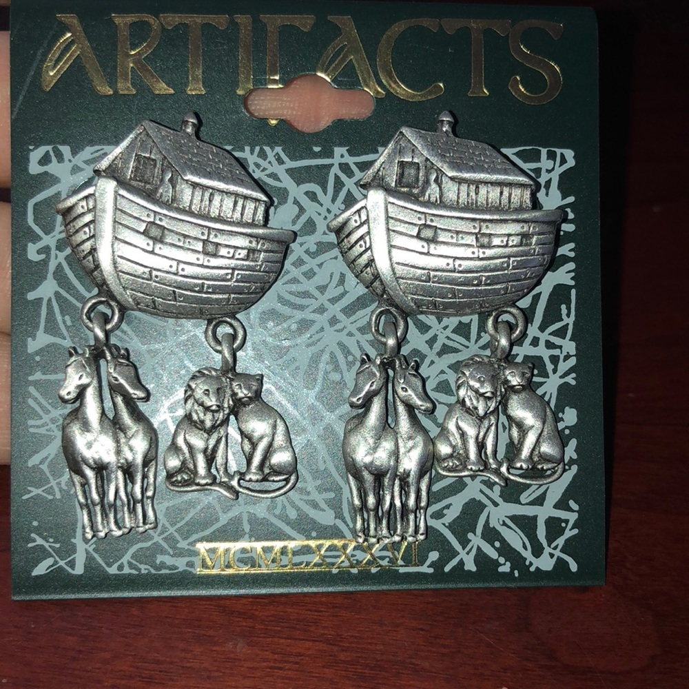 Vintage pewter Artifacts Noah’s ark earrings